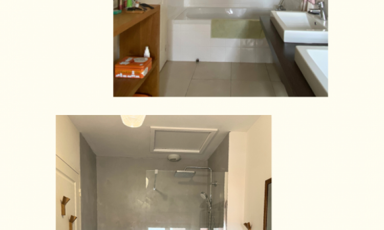 Rénovation d'une salle de bain en béton ciré à Soulac-sur-Mer